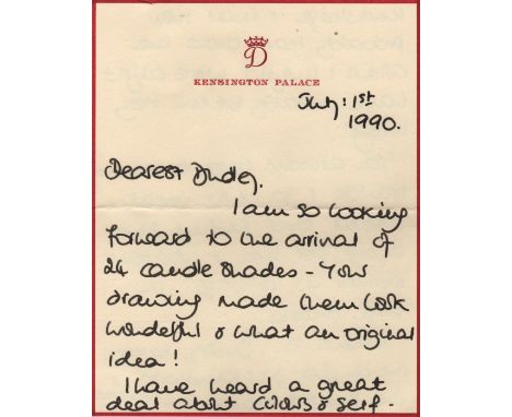DIANA: (1961-1997) Princess of Wales. A.L.S., Diana, two pages, 8vo, Kensington Palace, 1st July 1990, to Dudley Poplak ('Dea