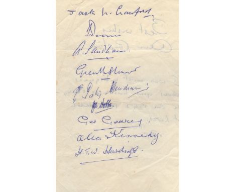 CRICKET: An 8vo sheet of plain notepaper individually signed by nine English cricketers including Jack Hobbs, Andrew Sandham,