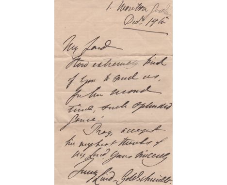 LIND JENNY: (1820-1887) Swedish Opera Singer, known as the Swedish Nightingale. A.L.S., Jenny Lind-Goldschmidt, one page, 8vo