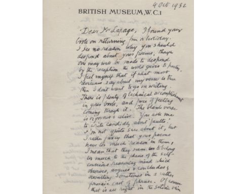 BINYON LAURENCE: (1869-1943) English Poet whose most famous work, For the Fallen, is used in Remembrance Sunday Services. A f