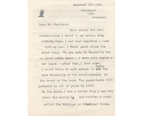 DU MAURIER DAPHNE: (1907-1989) British Author. A good T.L.S., Daphne du Maurier, two pages, 8vo, Menabilly, Par, Cornwall, 1s