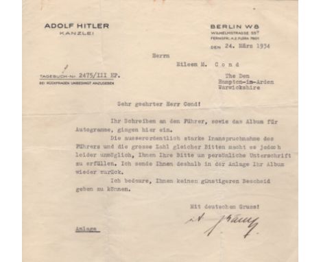 [HITLER ADOLF]: (1889-1945) Fuhrer of the Third Reich 1933-45. VON BISMARCK OTTO CHRISTIAN ARCHIBALD (1897-1975) Prince of Bi