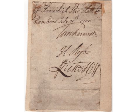 BRITISH POLITICS: Selection of multiple signed slim 8vo pieces by various 17th and 18th century Lords of the Treasury, all ne