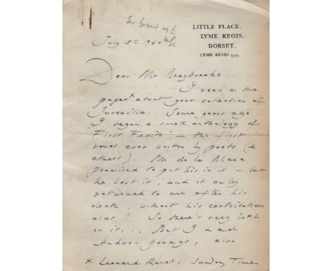 WHISTLER LAURENCE: (1912-2000) British Artist and Poet. A.L.S., Laurence Whistler, two pages, 8vo, Lyme Regis, Dorset, 18th J