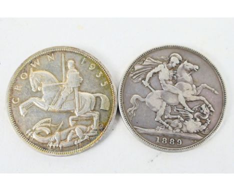 Two silver crowns comprising a Victorian 1889 and a George V 1935. [W]