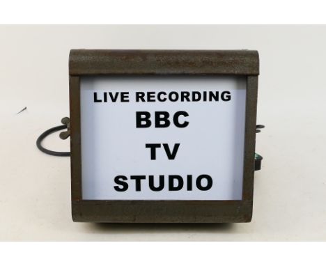 A vintage Strand Electric television studio warning light, Live Recording BBC TV Studio, approximately 25 cm x 25 cm x 29 cm.