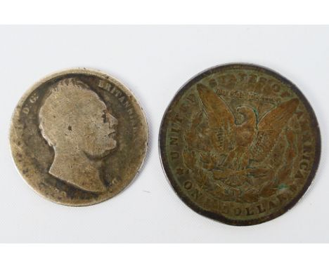 Two silver coins comprising a US 1879 Morgan Dollar and a William IIII Half Crown. [W]