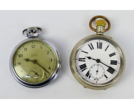 A white metal cased open face pocket watch with Roman numerals to a white enamel dial, subsidiary seconds dial, the case back