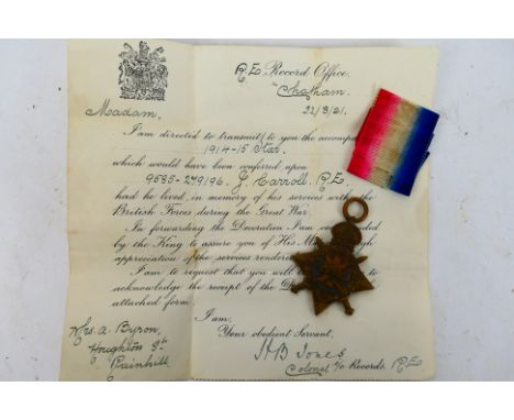 World War One (WW1 / WWI) - A 1914-1915 Star, named to 9585 PTE. J. CARROLL. L. N. LAN. R. [W]