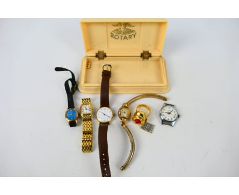 A collection of wrist watches and one ring watch to include Rotary, Accurist, Ingersoll, Timec and other, contained in a vint