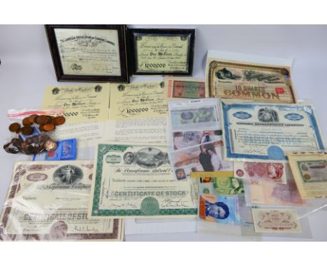 Lot to include British and foreign banknotes, share certificates, framed replica £1,000,000 note from the film The Million Po