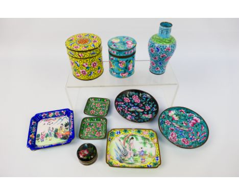 A group of small Canton enamel wares to include two lidded pots, vase, dishes and similar, largest approximately 12 cm (h). [