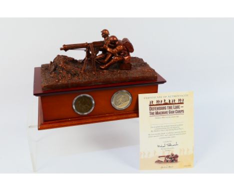 Danbury Mint - A World War One (WW1 / WWI) commemorative bronzed sculpture Defending The Line - The Machine Gun Corps, mounte