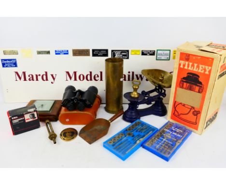 Lot to include a boxed Tilley Stormlight, cased Zenith binoculars, scales, barometer and other. [W]