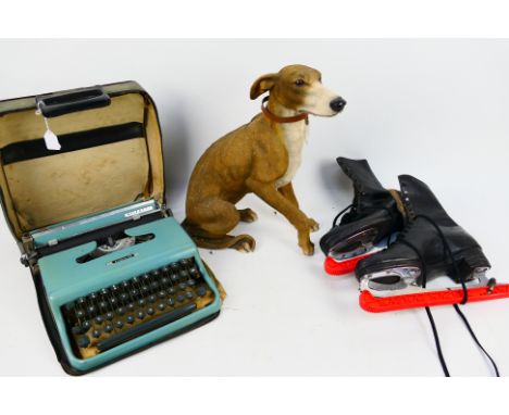 Mixed collectables to include a vintage Olivetti typewriter, vintage ice skates and a Leonardo Collection model of a greyhoun