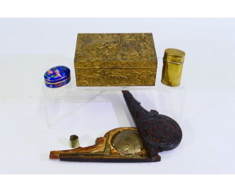 Lot to include a cased set of opium scales, gilt metal box and enamel pill box. [W]