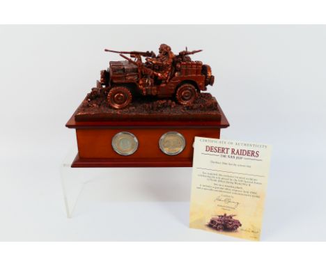 Danbury Mint - A bronzed sculpture, Desert Raiders The SAS Jeep, mounted to wooden plinth inset with a 1942 silver sixpence, 