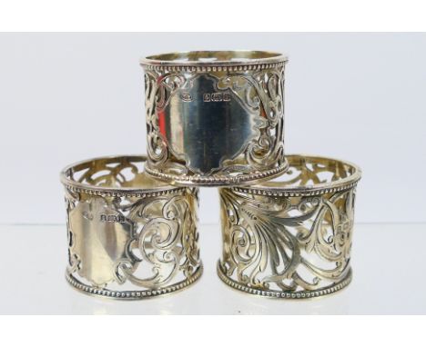 Three silver napkin rings, Birmingham assay 1901, sponsors mark for William M Hayes, approximately 120 grams / 3.8 ozt. [W]