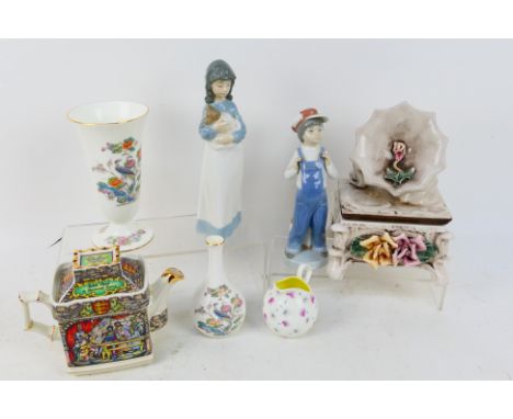 Lot to include a Lladro figure, one further Nao figure, two Wedgwood vases, Capodimonte trinket box and other. [W]