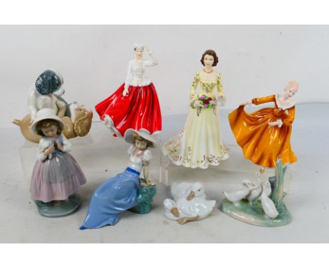 Five Nao figures / groups depicting young girls and animals and three Royal Doulton lady figures, largest approximately 22 cm