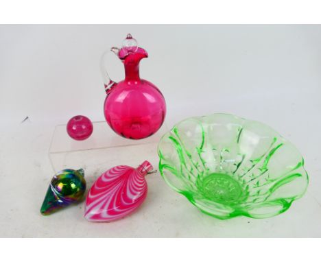 Lot to include a uranium glass bowl, Nailsea bottle, cranberry glass ewer and similar. [W]