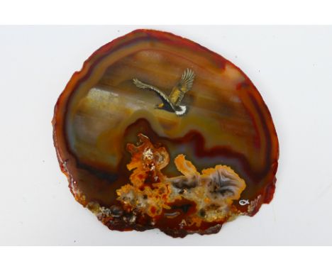 David R Fish - A slice of polished Brazilian agate with painting of a Golden Eagle in flight by renowned wildlife painter Dav