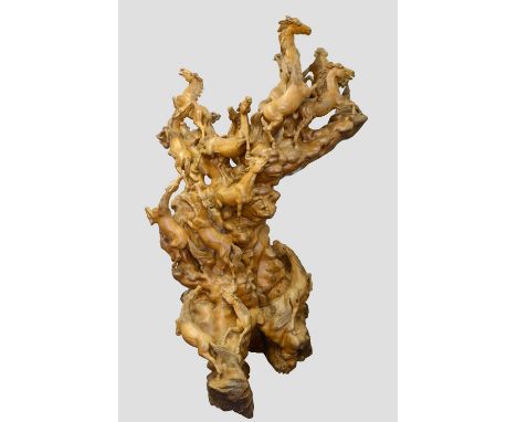 Balinese carved hardwood figural group of horses, signed K T Pusa, Mas Bali, 170cm high,