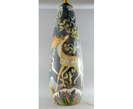 A Large 1950's ceramic floor lamp,  decorated in enamels scene of a garden with stag and Japanese lady, 95 cm and a tall shad