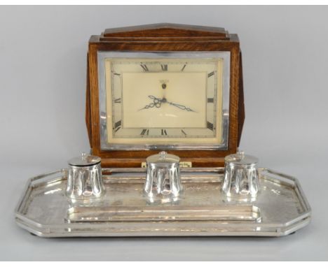 Art Deco silver plated desk stand and clock stand  38cms wide and the oak cased mantel  clock 28cms