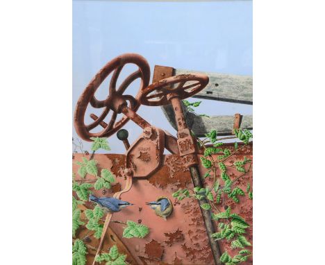 Keith Kay Rusted Tractor and blue tits  framed signed and dated K.KAY '97, 72cm x 54cm,