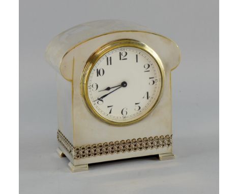 Art Deco silver plated mantle clock. the plain shaped case over-laid  with a band of double knot wirework, movement stamped B