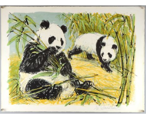 David Kosler, a signed print depicting Pandas with bambo. Signed and number 11 of an edition of 60 (sheet size 56 cm x 76 cm)