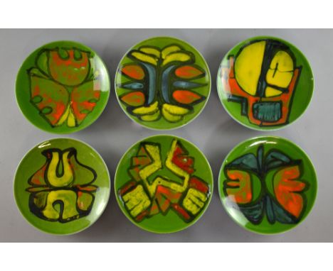 Poole pottery Aegean design.  Six plates various painters marks  plates each  various designers 20 cm 