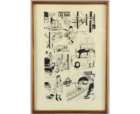 GUS, George William Smith cartoon, humorous print of figures in an underground car park 34cm x 23cm,