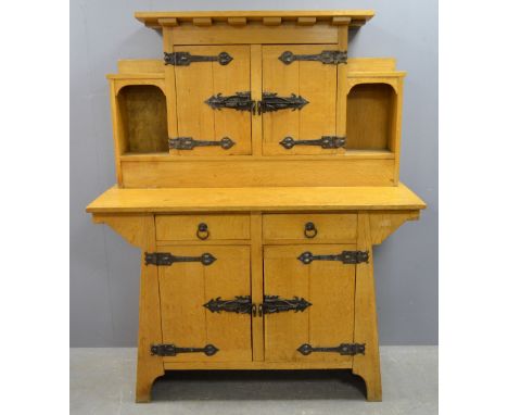  Liberty & Co an Arts & Crafts golden oak 'Breakspear'  Dresser.  After a design by W R Lethaby  strap hinges & hammered iron