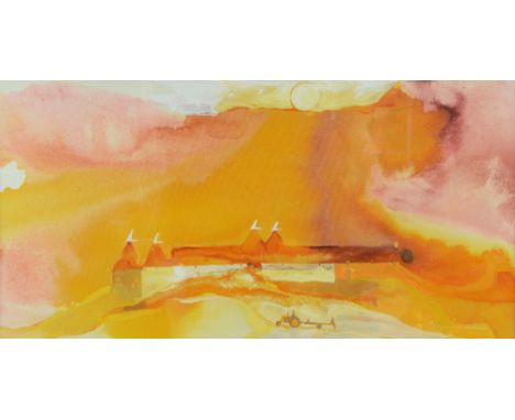 Martin John Aynscomb-Harris, farm with tractor on field in foreground, signed Aynscomb, acrylic, watercolour and gold paint, 