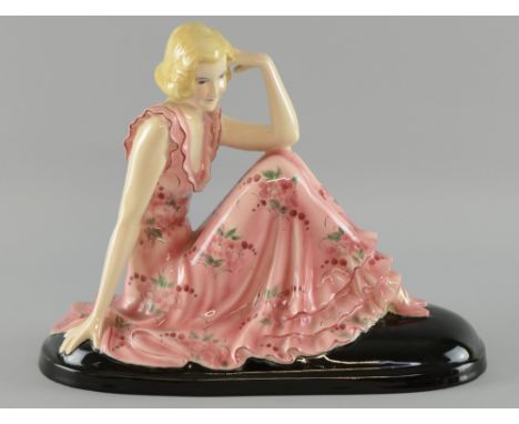 Goldscheider figure Lillian  seated and with floral print 1930's evening dress, signed Dakon Goldscheider, Wien and with orig