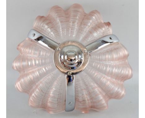 Deco shell form ceiling light.  with peach glass and chromium plated fittings and chain 37 cm diameter  
