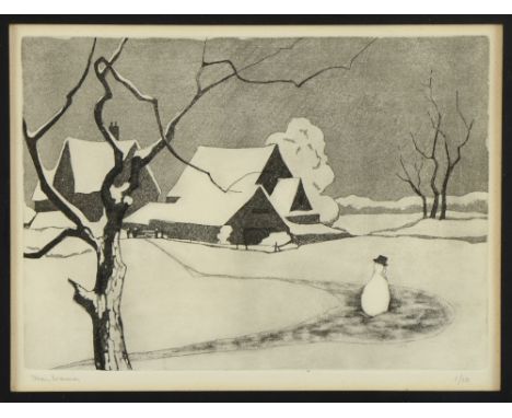 Joan Warner 'Snowman' limited edition print 1/10, 17cm x 24cm and a watercolour of Birds nesting in a tree and Lorraine Peter