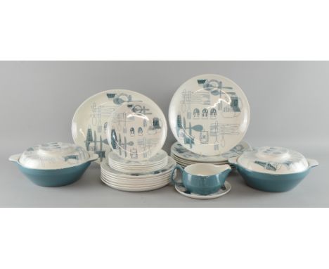 Barker brothers 'Fiesta' dinner service  with printed knives and forks pattern comprising 6 dinner plates, 6 dessert plates, 