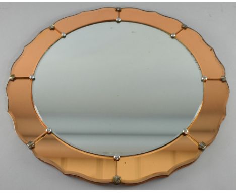 Art Deco wall mirror.  with border of peach tint glass, 54 cm  