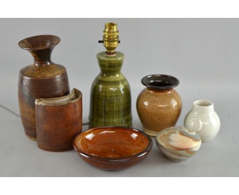 A group of studio pottery to include Rye pottery lamp base  ,  Small Janet Leach bowl other items 