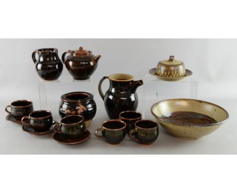 Winchcombe pottery  Part coffee set and a teapot and bowl, a St Ives pot with half glaze, teapot and pot