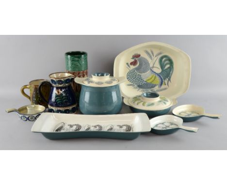 Poole Pottery mid 20th C tableware , with design of vegetables, prawns and a cockerel, an Italian vase with stylized figures,