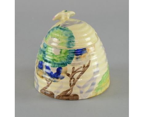 Clarice Cliff Rhodante pattern hive form honey pot. height 10cm