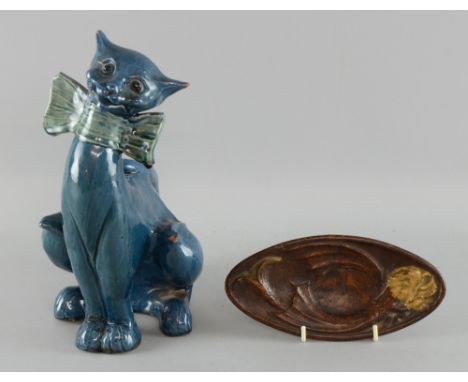 Branam early 20th Century Ceramic cat dated 1901, height 26cm, together with a fruitwood vide poche depicting a grotesque dol