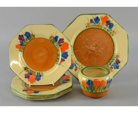  Clarice Cliff ashtray and crocus pattern tea ware as illustrated, 