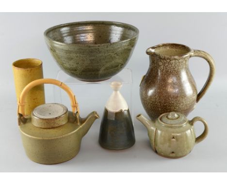 Group of studio pottery  including a John Jeffs teapot, a Robin Welch cylindrical vase, Aylesford jug and bowl and a conical 