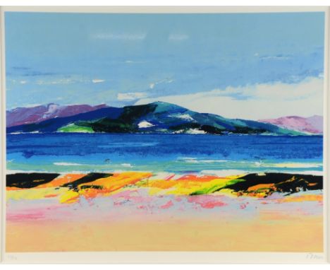 Donald Hamilton Fraser limited edition print of a beach scene with further shore beyond, indistinctly signed and numbered 41/