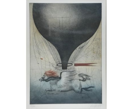 Oosterlynck limited edition print 'Doves of Peace and setting sun' 99/150,  50cm by 50cm and a surrealist print by Jancuk 79 